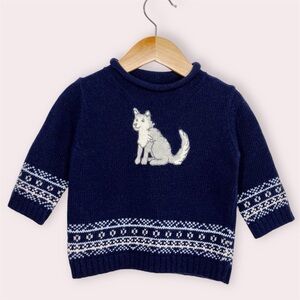 NWT Janie and Jack holiday sweater wool blend navy‎ blue w/ wolf 6-12 months